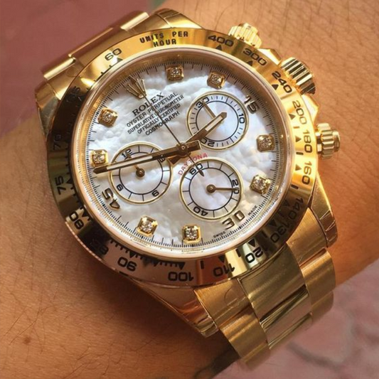 RLX Daytona Yellow Gold Mother of Pearl Diamond Dial Mens Watch 116528 Box Card