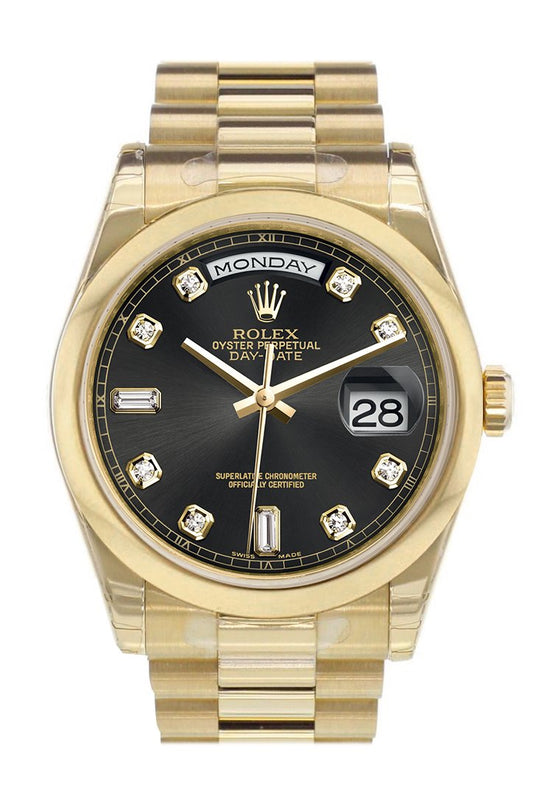RLX Day-Date 36 Black Diamonds Dial President Yellow Gold Watch 118208