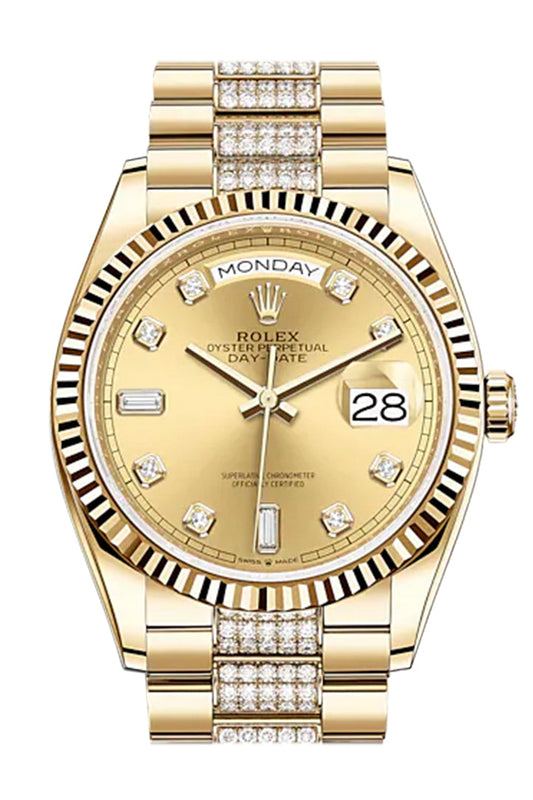 Rlx Day-Date 36 Champagne Diamond Dial 18K Yellow Gold Watch Diamond set president Bracelet 128238