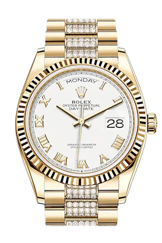 RLX Day-Date 36 White Roman Dial 18K Yellow Gold Watch Diamond set president Bracelet 128238