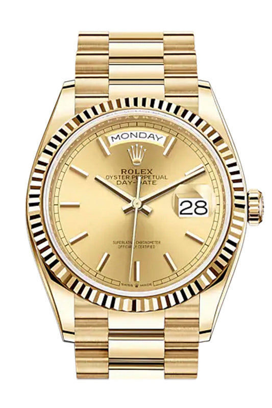 RLX Day-Date 36 Champagne Index Dial 18K Yellow Gold Watch 128238