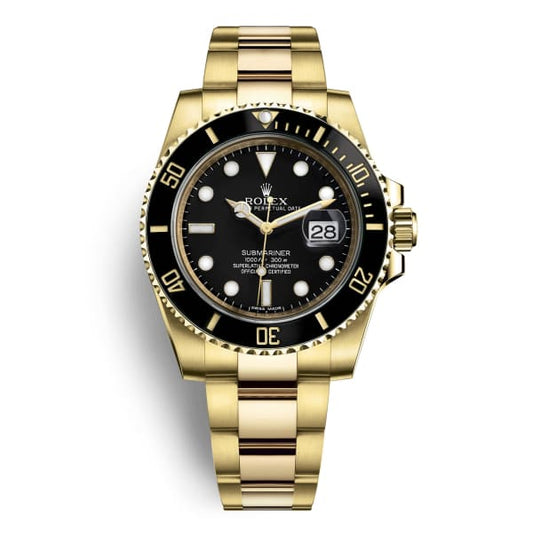Rlx Submariner Black Dial Oyster Bracelet 18k Yellow Gold Mens Watch 116618LN
