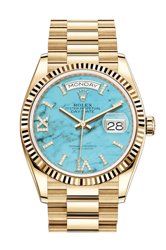 RLX Day-Date 36 Turquoise Dial 18K Yellow Gold Watch 128238