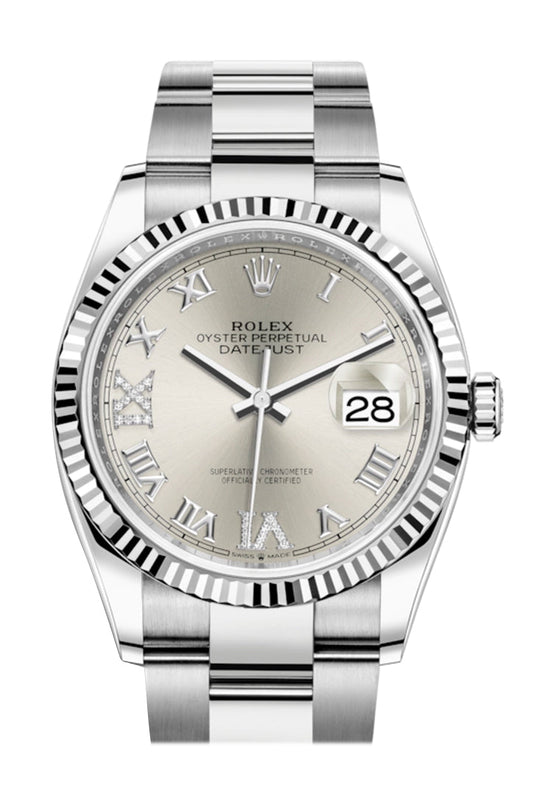 Rlx Datejust 36 Silver Roman VI and IX 24 Diamonds Dial Automatic Watch 126234