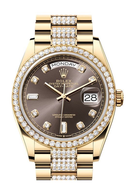 RLX Day-Date 36 Dark Grey Diamond Dial Gold Diamond Bezel Watch 128348RBR-0007 128348RBR